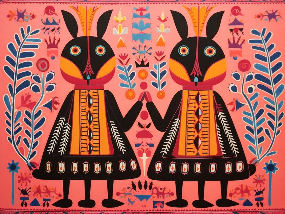 Rabbit 2 Folk Style Animal Illustration