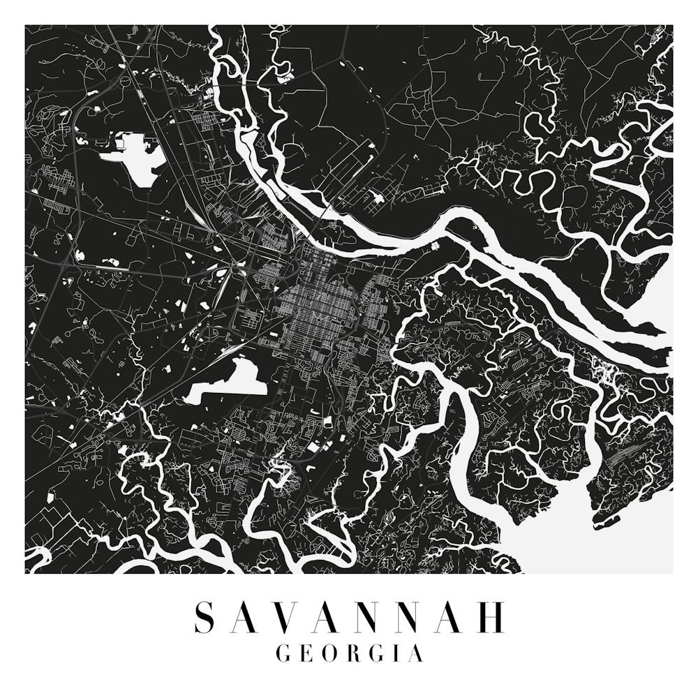 Savannah Georgia Minimaler Schwarz-Mono Stadtplan Quadratisch