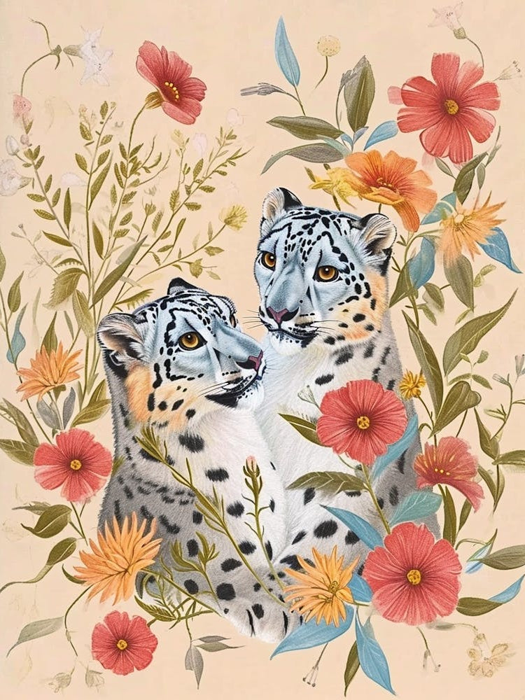 Folksy Floral Animal Drawing Snow Leopard 2