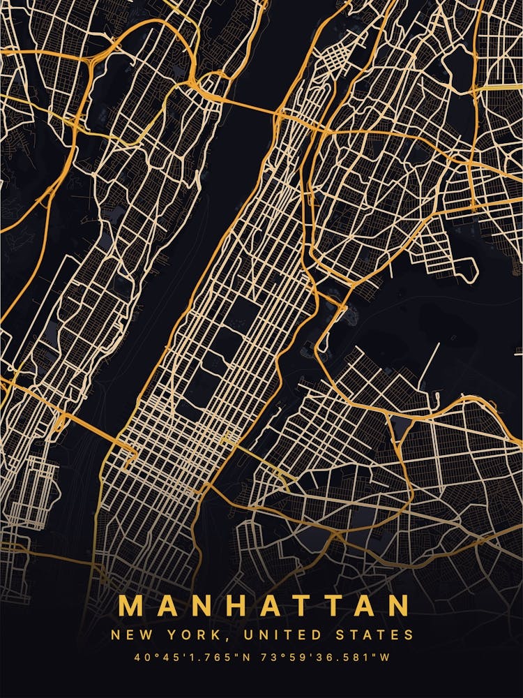 Manhattan New York USA Black And Gold Map