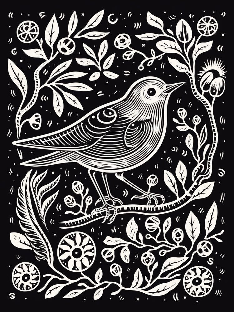 B&W Bird Linocut Mockingbird 4