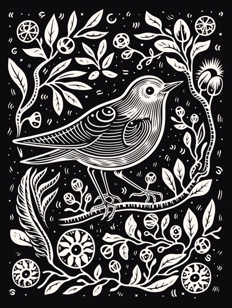 B&W Bird Linocut Mockingbird 4
