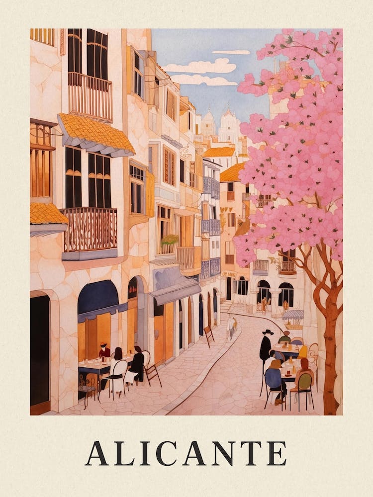 Alicante Spain 3 Vintage Pink Travel Illustration Poster