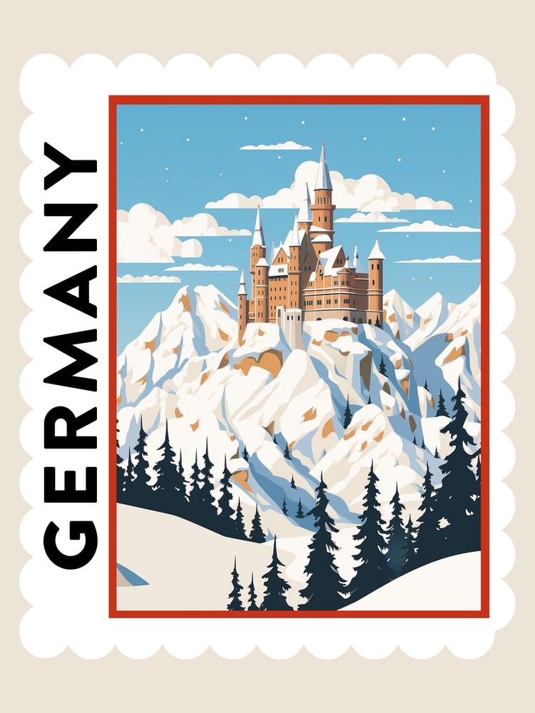 Retro Winter Stamp Poster Schloss Neuschwanstein Germany 2