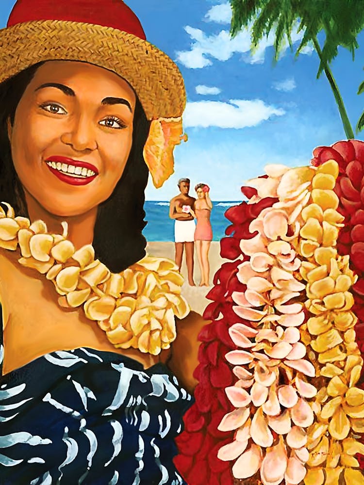 Hula Girl Welcomes You With Flower Wreaths On The Coast
