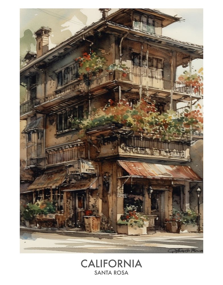 Santa Rosa, California 3 Watercolor Travel Poster