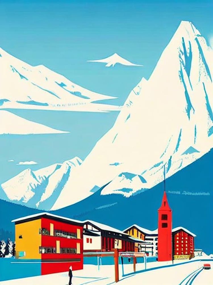 La Plagne 3, France Midcentury Vintage Skiing Poster