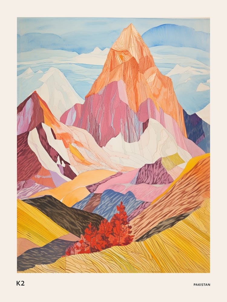 K2 Pakistan Colourful Mountain Illustration Poster