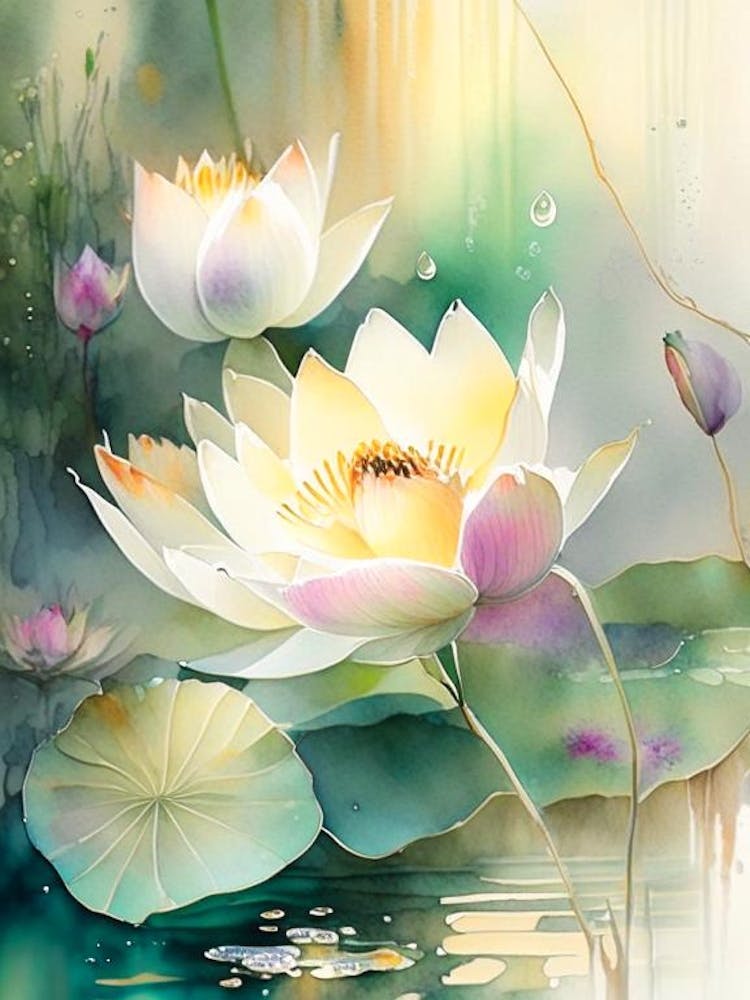Lotus Flowers In Garden Storybook Watercolour 1