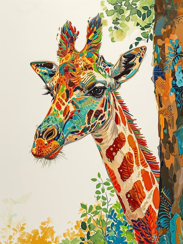 Colourful Giraffe Against The Tree Bark 1