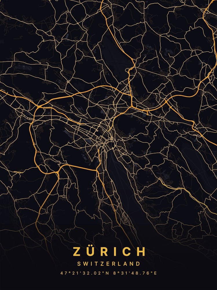 Zurich Switzerland Black And Gold Map