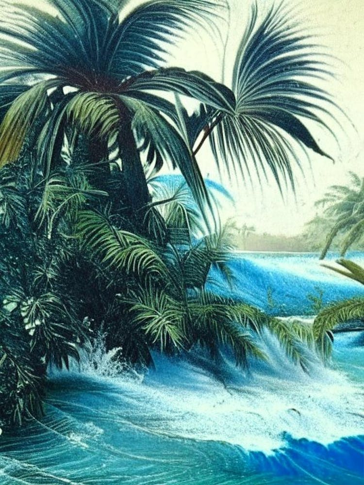 Rushing Water In Deep Blue Sea Water Waterscape Vintage Illustration 1