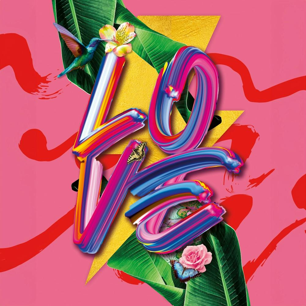 Love Graffiti Style Botanical Typography In Pink And Green For Her With A Humming Bird And Pretty Flowers 1