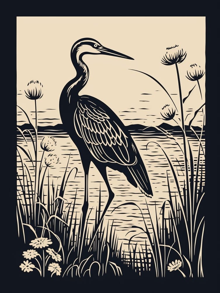 B&W Bird Linocut Egret 1