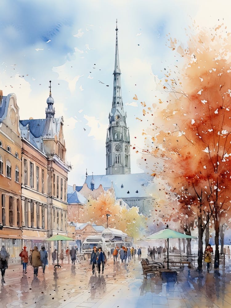 Riga Latvia In Autumn Fall, Watercolour 2