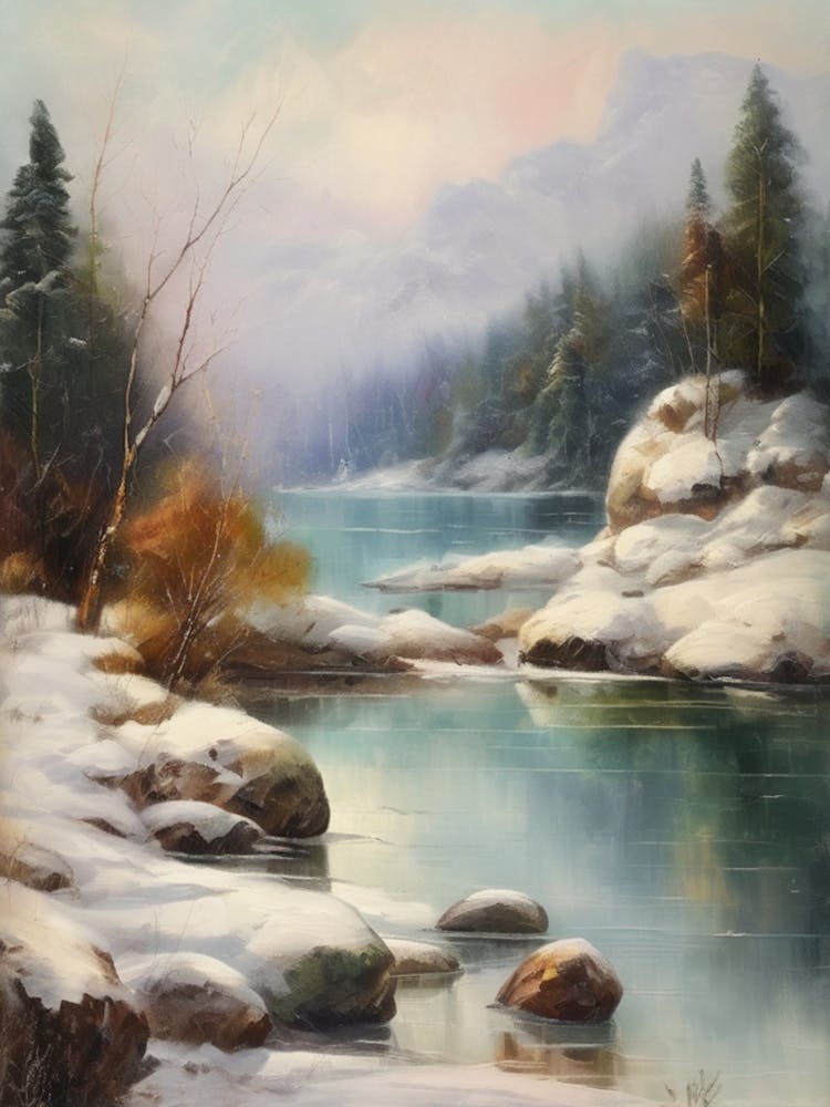Ancient landscapes, old winter oil paintings and rocks around the lake bank. Snow is falling on the lake, old colors.4 1