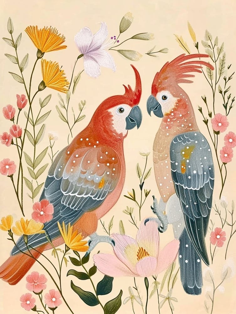 Folksy Floral Animal Drawing Cockatoo 2