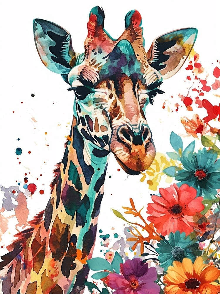 Giraffe With Flowers Watercolour 1