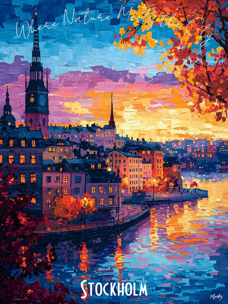 Stockholm City Skyline, abstract cubism vibrant Poster