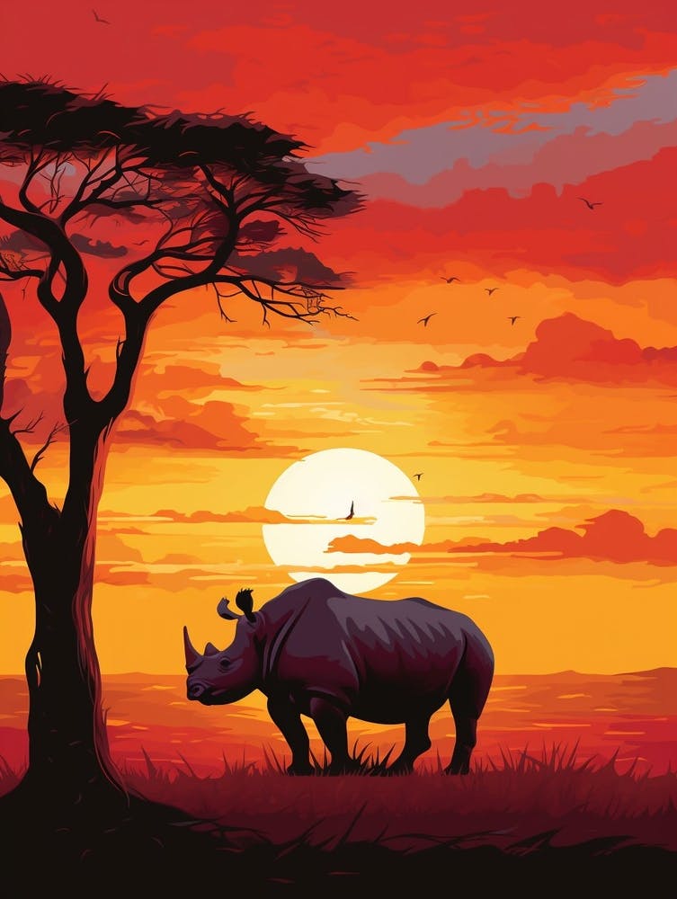 Rhinoceros Sunset Silhouette Painting 2