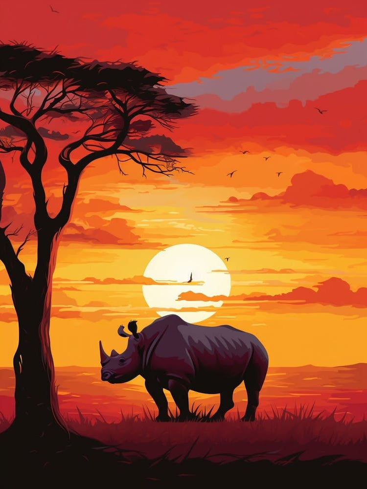 Rhinoceros Sunset Silhouette Painting 2