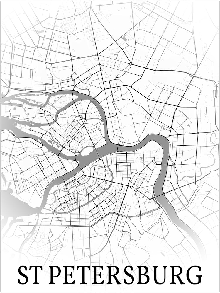 St Petersburg, Saintt Petersburg, Russia, City Map, Black And White Fade Design