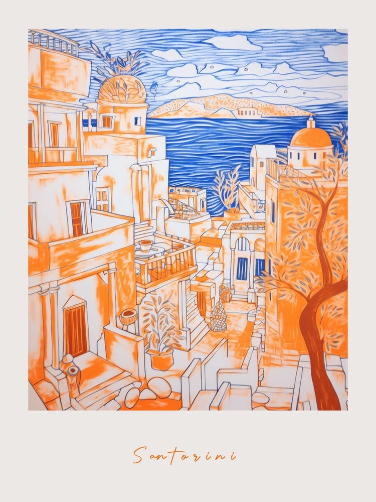 Santorini Greece Orange Drawing Poster