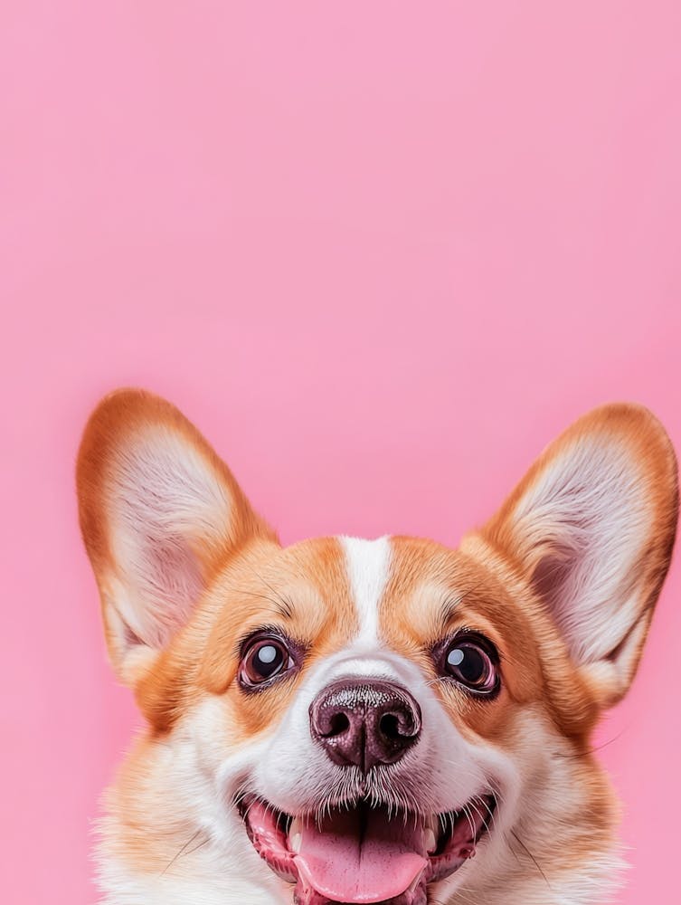 Niedlicher Corgi Hund auf pinkem Hintergrund. KI-generiert. Wand 1
