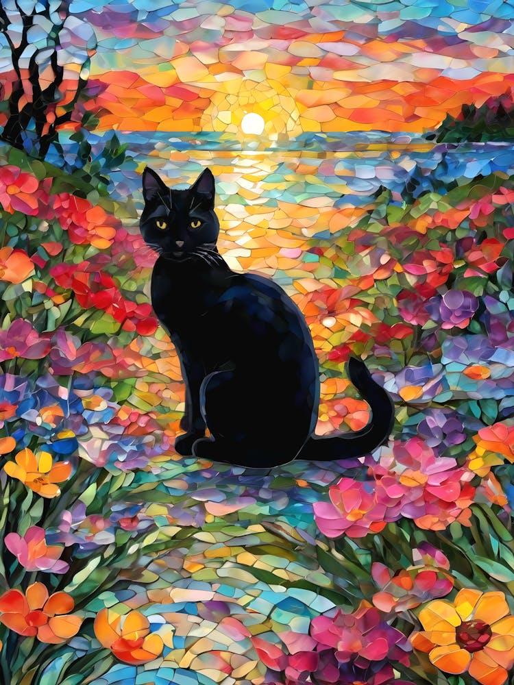Sunset and Flowers - Beautiful Rainbow Mosiac of Whimsical Black Cat By the Lake as the Sun Sets Whimsy Kitty Art for Cat Lover, Cat Lady, Chakra Pride Pagan Witch Botanical Colorful HD