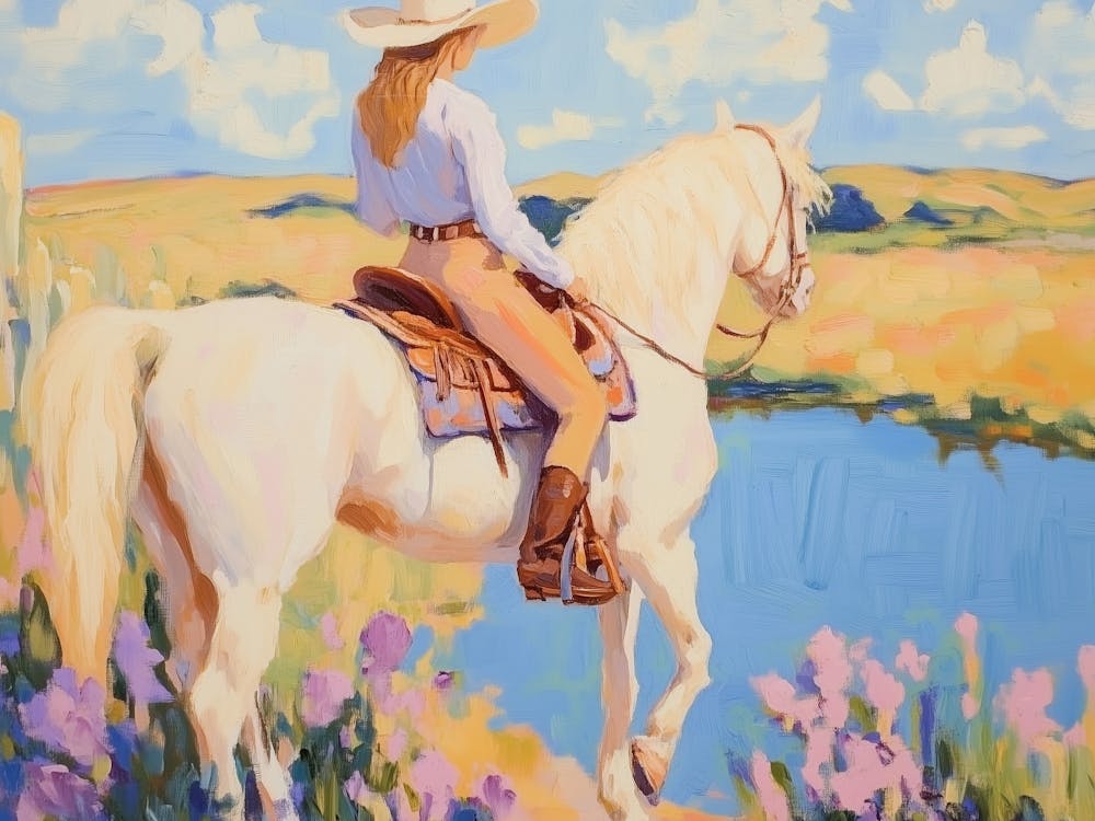 Cowgirl Riding A White Horse By The Lake