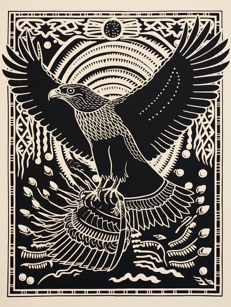 B&W Bird Linocut Red Tailed Hawk 3