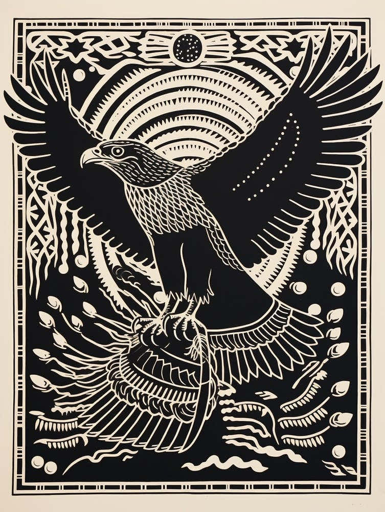 B&W Bird Linocut Red Tailed Hawk 3