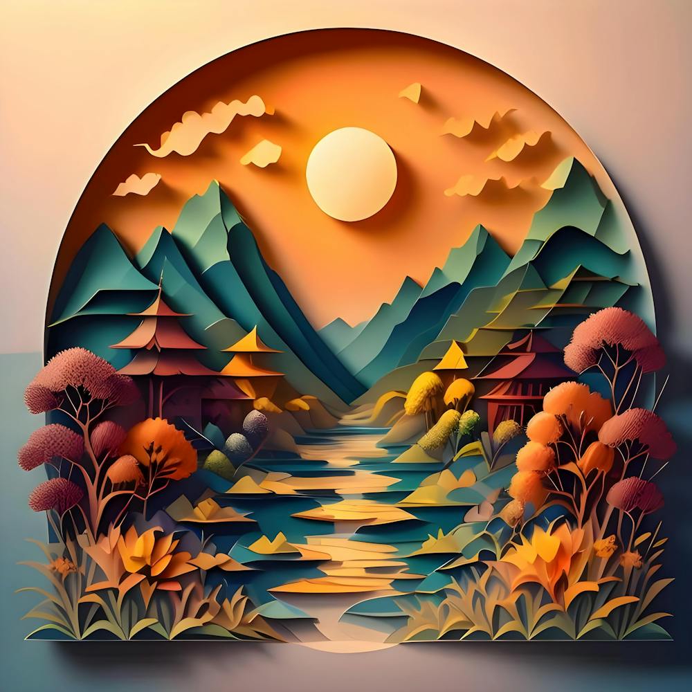 Landschaftsgemälde aus geschnittenem Papier. Es ist eine Szene eines Baches mit Bäumen und Blumen auf beiden Seiten. Eine Darstellung des Sonnenuntergangs.