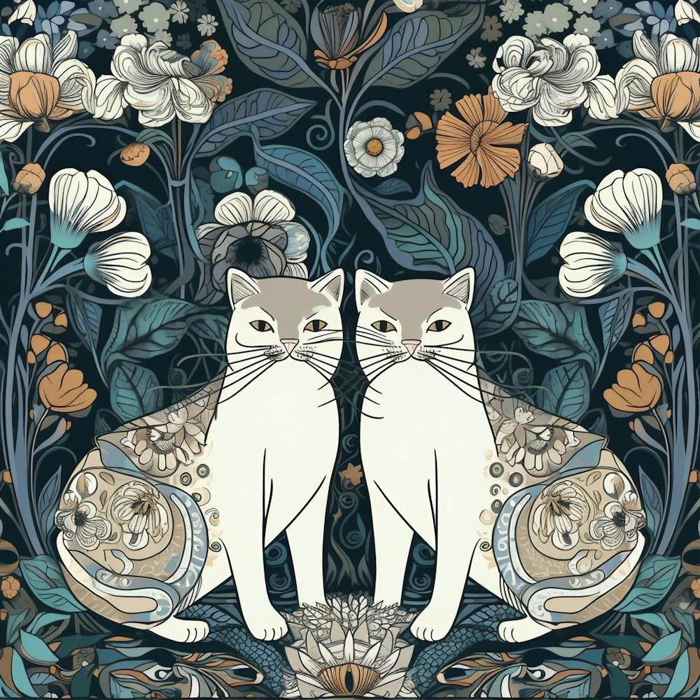 William Morris  Inspired  Classic Cats White Cats Blue Square