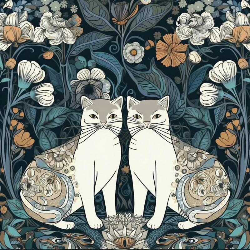 William Morris  Inspired  Classic Cats White Cats Blue Square