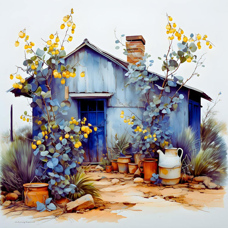 Blue House With Yellow Flowers