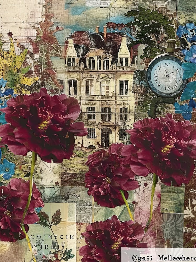 Burgundy Flowers Scrapbook Collage Cottage 1