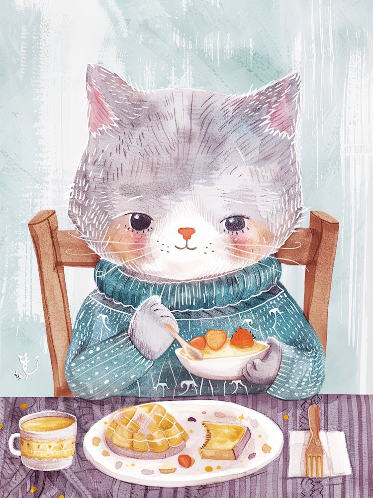 Graue Katze beim Frühstück Volksillustration 8