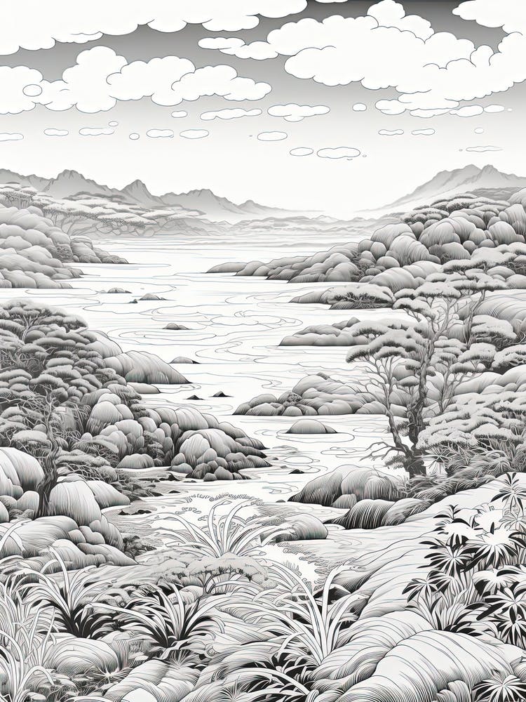Iriomote Island In Okinawa, Ukiyo E Black And White Line Art Drawing 2