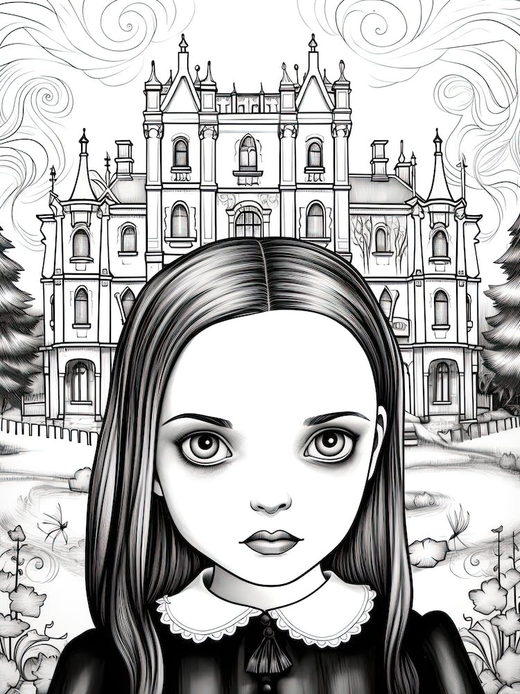 Nevermore Academy With Wednesday Addams And A Cat Line Art 5 Fan Art