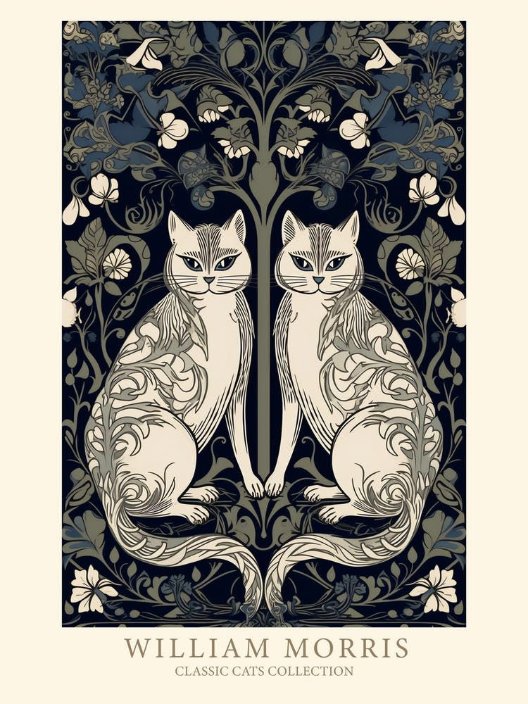 William Morris  Inspired  Classic Cats Blue Floral