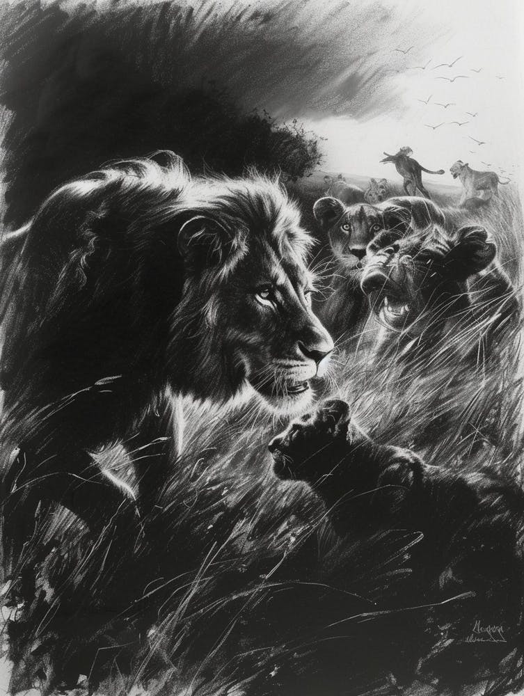 African Lion Charcoal Drawing Interaction With Other Wildlife 1