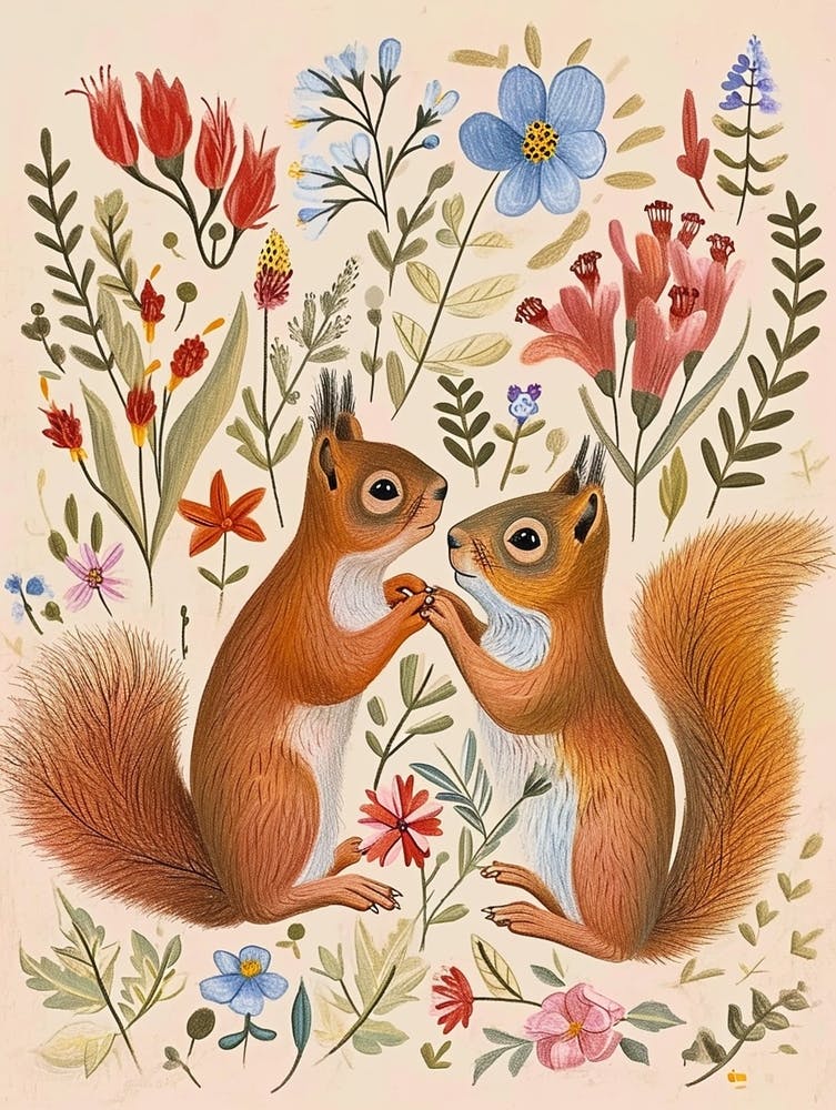 Folksy Floral Animal Drawing Squirrel 2