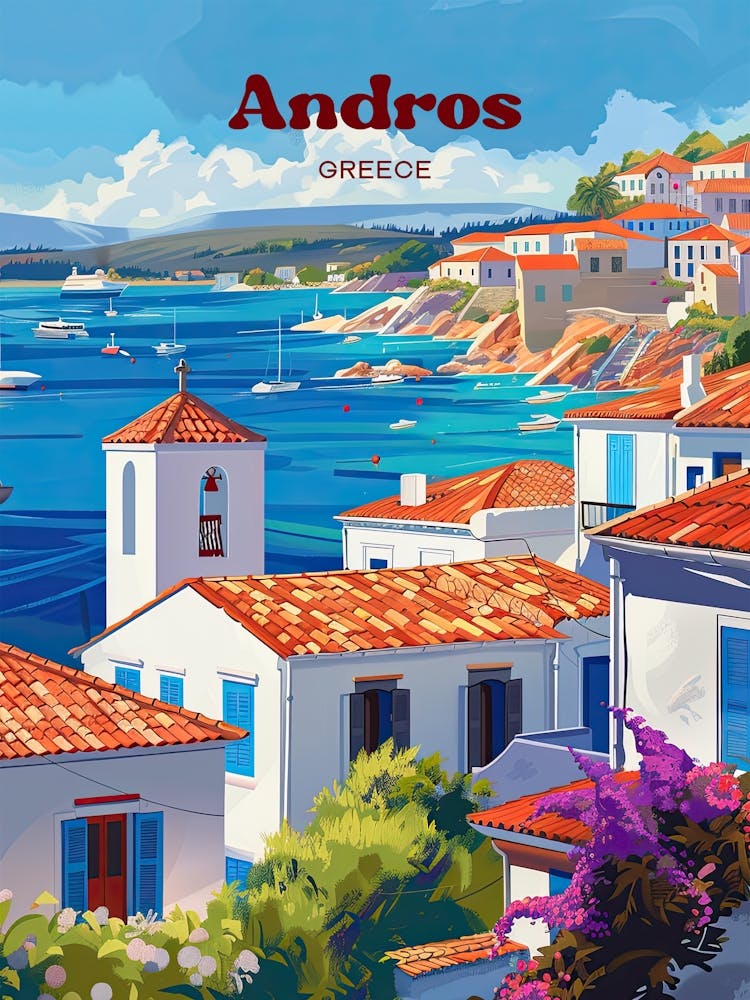 Andros Greece Archipelago Digital Travel Illustration