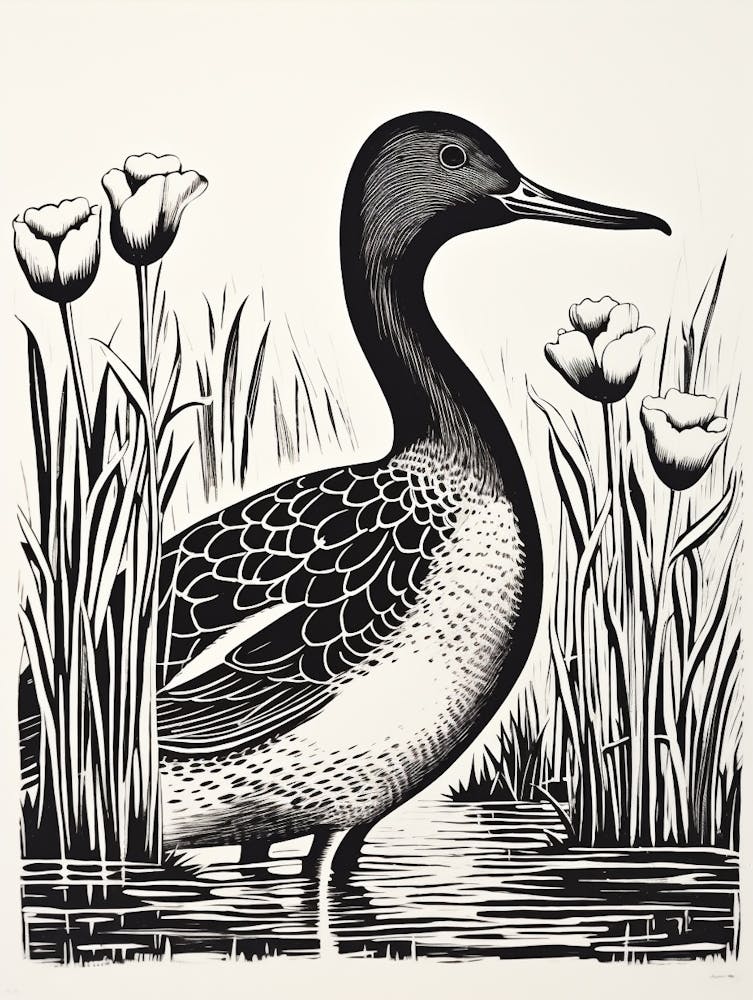B&W Bird Linocut Canvasback 1