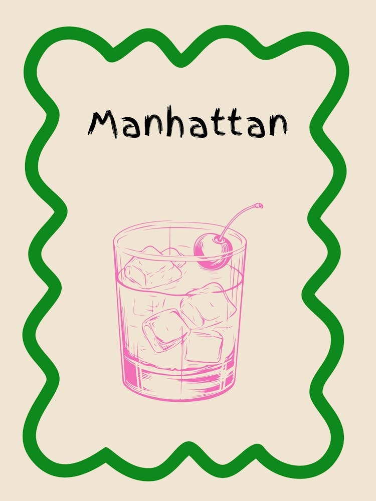 Manhattan Cocktail Doodle Poster Green & Pink