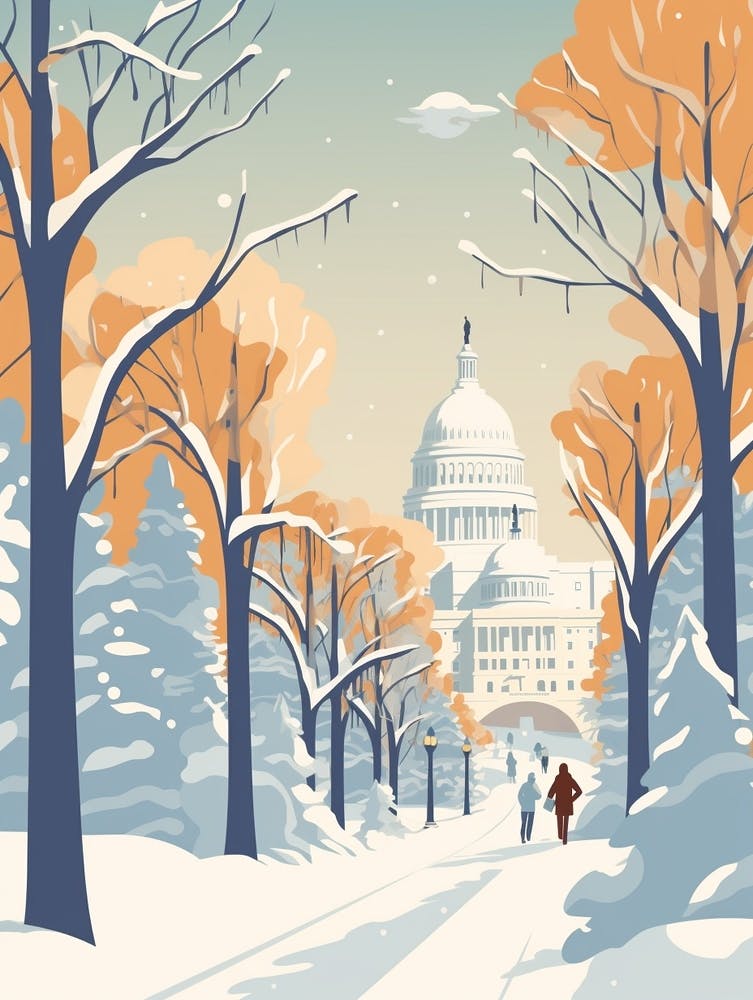 Vintage Winter Travel Illustration Washington Dc Usa 3