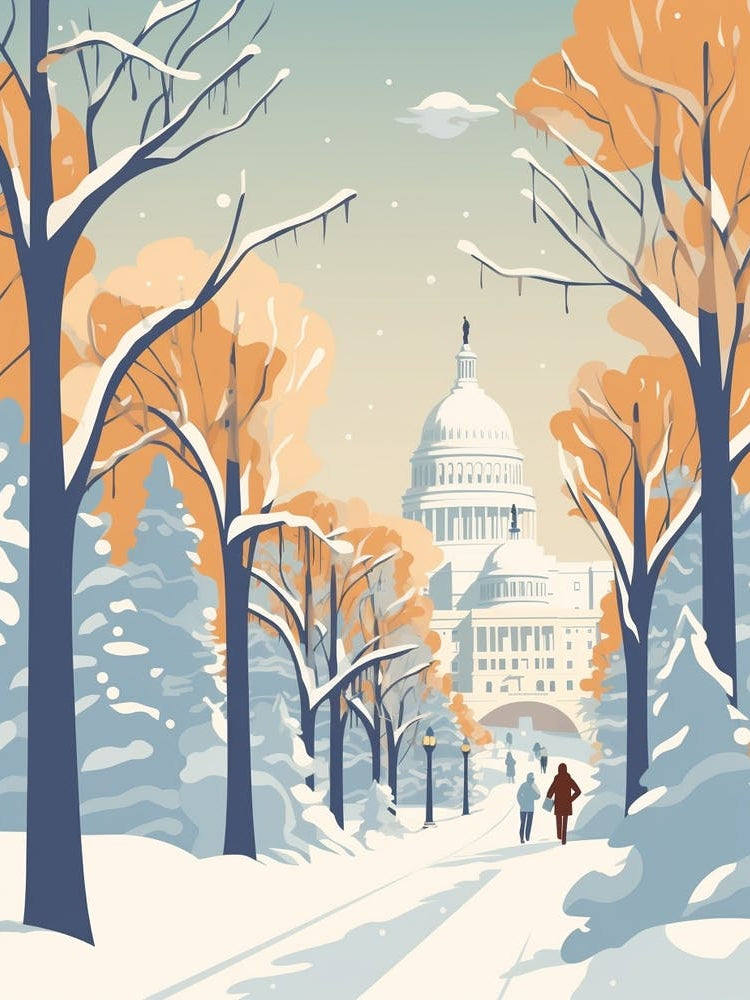 Vintage Winter Travel Illustration Washington Dc Usa 3