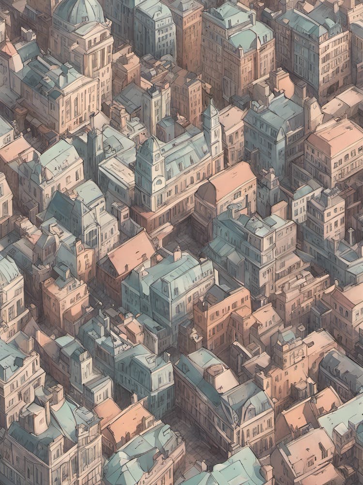 London Isometric Pastel Warm Sunset Skyline Top Down Architecture