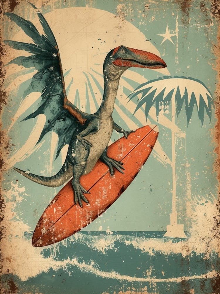 Vintage Pteranodon Dinosaur On A Surf Board